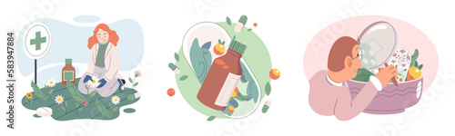 Herbal oils natural medicines. Scientist or doctor making alternative medicine herb, mortar, laboratory glassware plant in tube, flower. Doctor checking medicinal herbs. Herbal medicine. Drug research