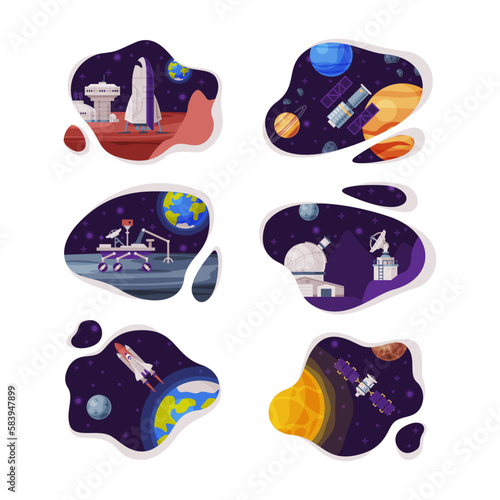 Solar System Planet with Lunar Rover and Flying Satellite Vector Set