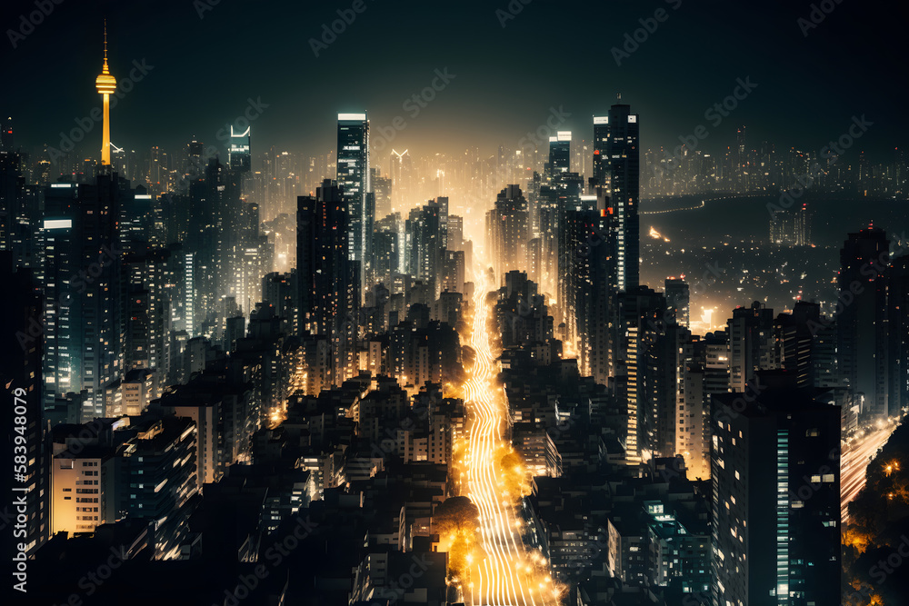 Fototapeta premium Bright metropolis night. Generative AI