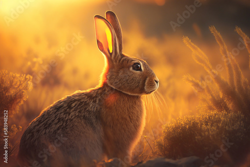 coelho fofo em campo com lindo por do sol  © Alexandre