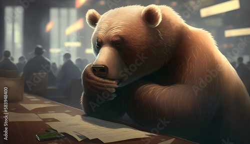 Bear market, a nervous bear in the stock market looking at trading charts, bear or bull market, crypto, NFT photo