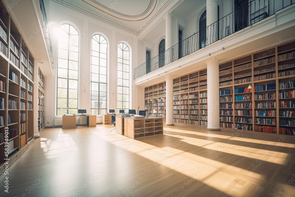 Large bright library with panoramic windows. AI Generated Stock ...