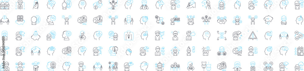 Human mentality vector line icons set. Mindset, Attitude, Perception, Cognition, Reasoning, Thought, Psychology illustration outline concept symbols and signs Human mentality vector line icons set. Mindset, Attitude, Perception, Cognition, Reasoning, Thought, Psychology illustration outline concept symbols and signs
