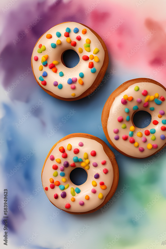 Photorealistic Donuts From Top View Colorful Chocolate Toppings Sprinkled Across, created with generative ai technology