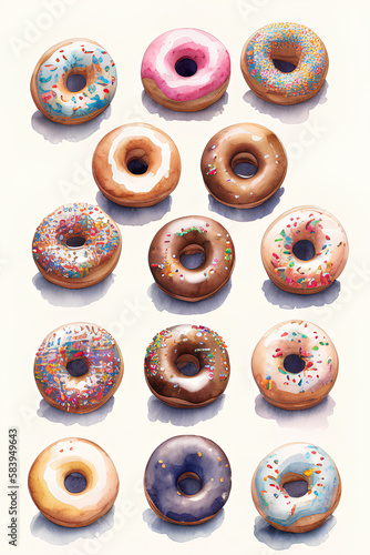 Photorealistic Donuts From Top View Colorful Chocolate Toppings Sprinkled Across, created with generative ai technology photo