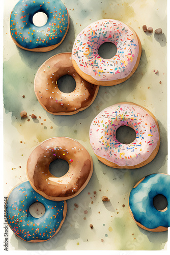 Photorealistic Donuts From Top View Colorful Chocolate Toppings Sprinkled Across, created with generative ai technology photo