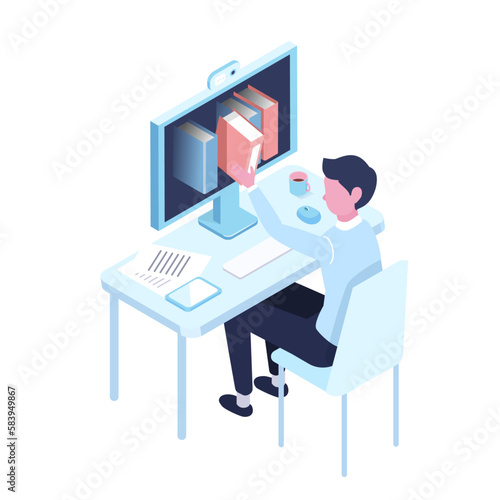 isometric illustration of peaple working on computer with online book photo