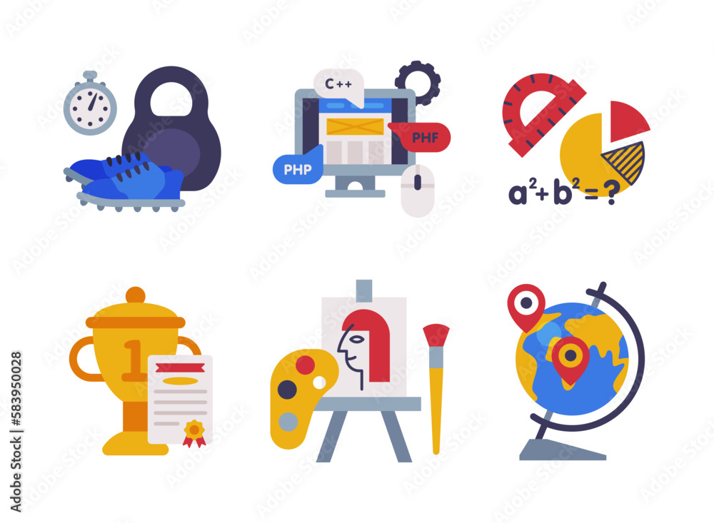 School Education Object with Computer, Algebra Chart, Globe, Drawing Easel, Cup and Kettlebell Vector Set
