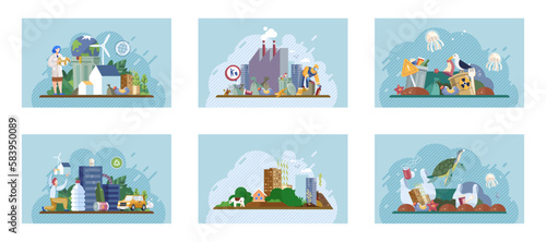 City landfill with garbage. Polluted area, garbage dump background. Earth day. Heaps of waste, stray dogs waste pollution cityscape cartoon backdrop. Junkyard, wasteland. Environment pollution problem