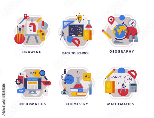 School Education Composition with Text Caption and Educational Objects Vector Set