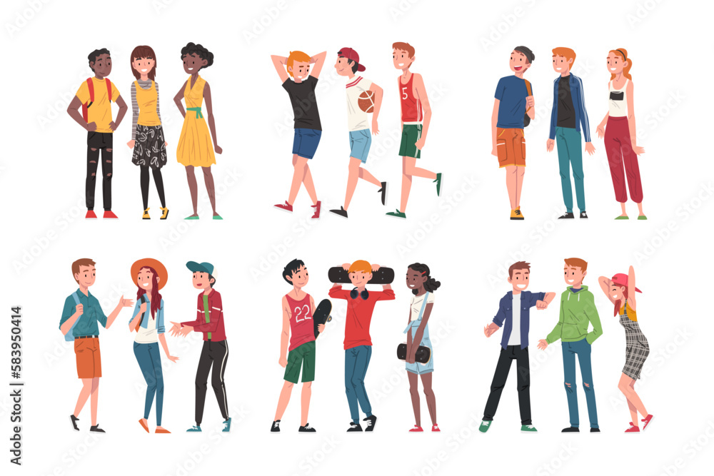 Happy Teenagers Friends Talking Standing Together Vector Set