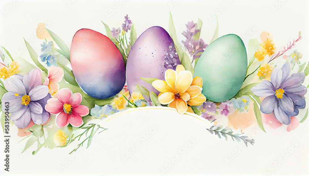 Happy Easter banner with Easter eggs and flowers on a white background as a watercolor illustration, with copy space for your text, generative AI