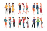 Happy Teenagers Friends Talking Standing Together Vector Set