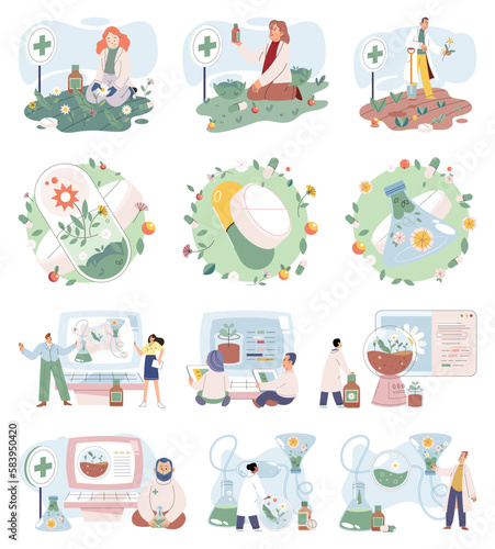 Doctor checking medicinal herbs. Natural herbal medicine selection. Scientist with natural drug research, Green herbal medicine discovery science lab. Scientist doctor making alternative medicine herb