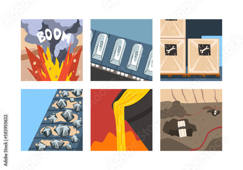 Metallurgical Industry and Metal Melting with Steel and Alloys Production Scene Vector Set