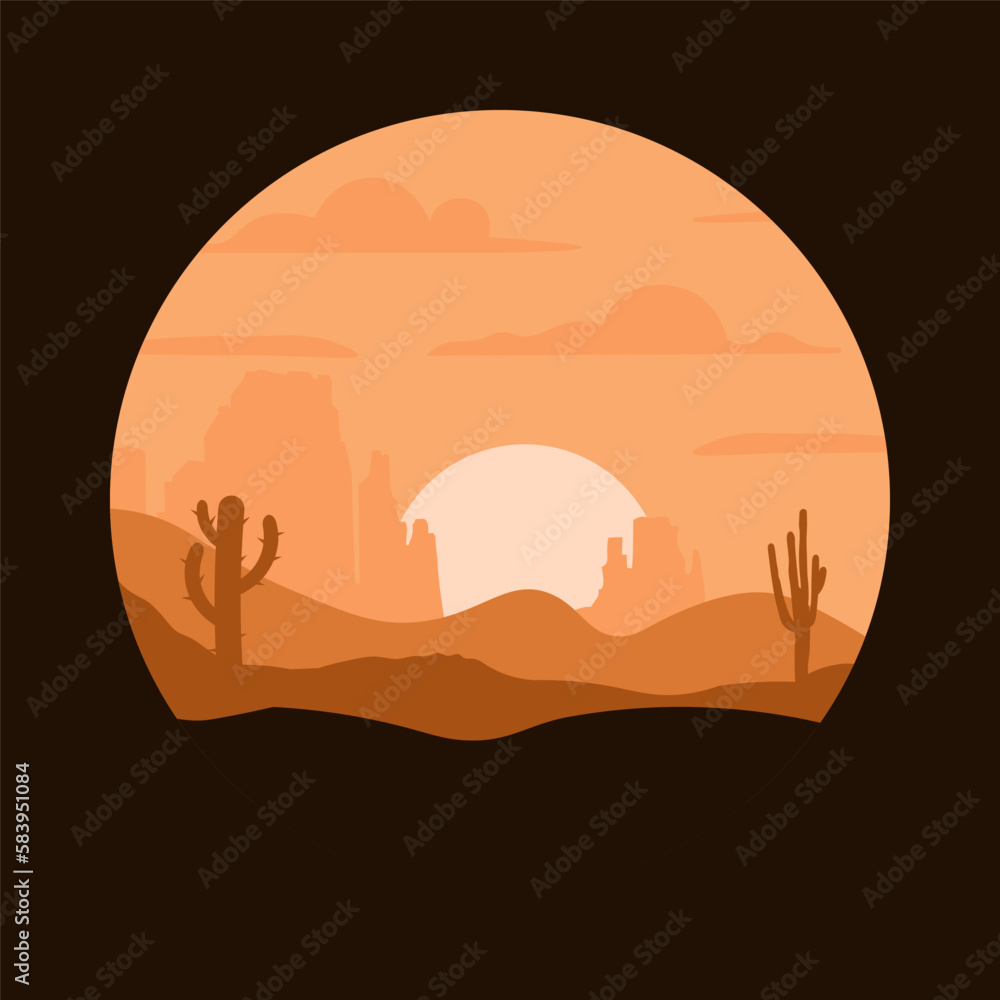 desert landscape with cactus, hills and mountains silhouettes, vector nature horizontal background