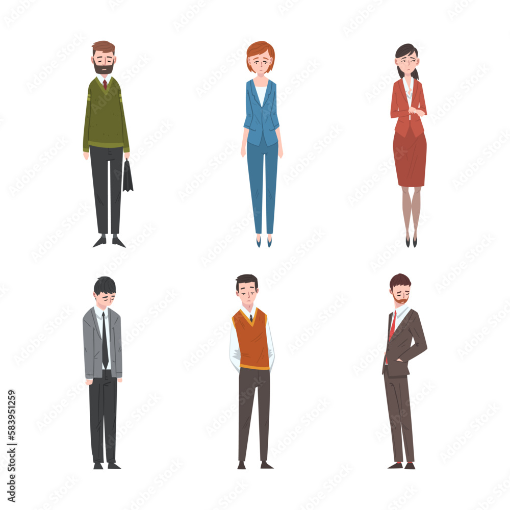 Sad and Frustrated Business People Character or Unhappy Office Worker Standing with Hang Head Vector Set Sad and Frustrated Business People Character or Unhappy Office Worker Standing with Hang Head Vector Set
