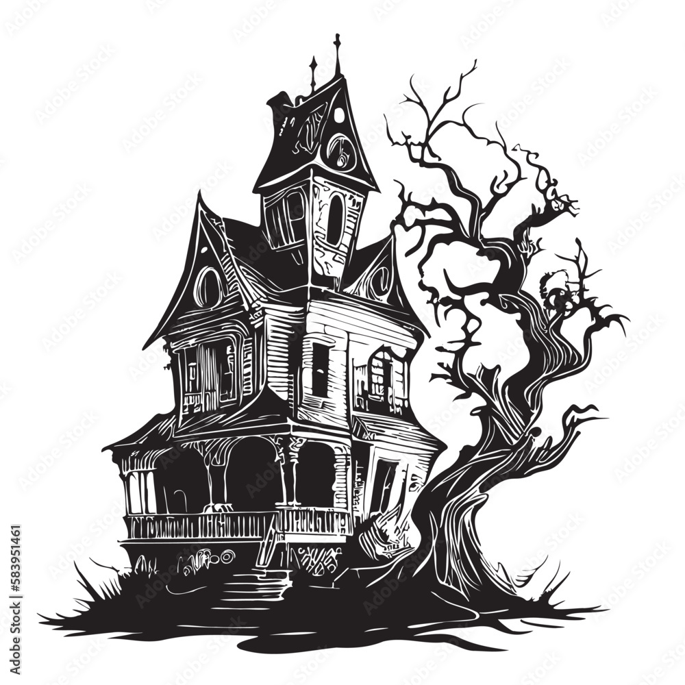 Haunted House Hand Drawn Sketch Vector Illustration Halloween