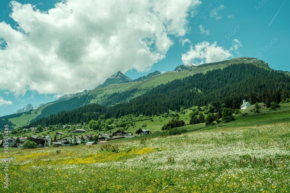 Scenic shot of a field on the foot of the Brigels Breil Mountains in Grisons, Surselva, Switzerland
