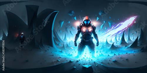 A Artificial intelligence robot in a futuristic suit standing in front of a blue flame