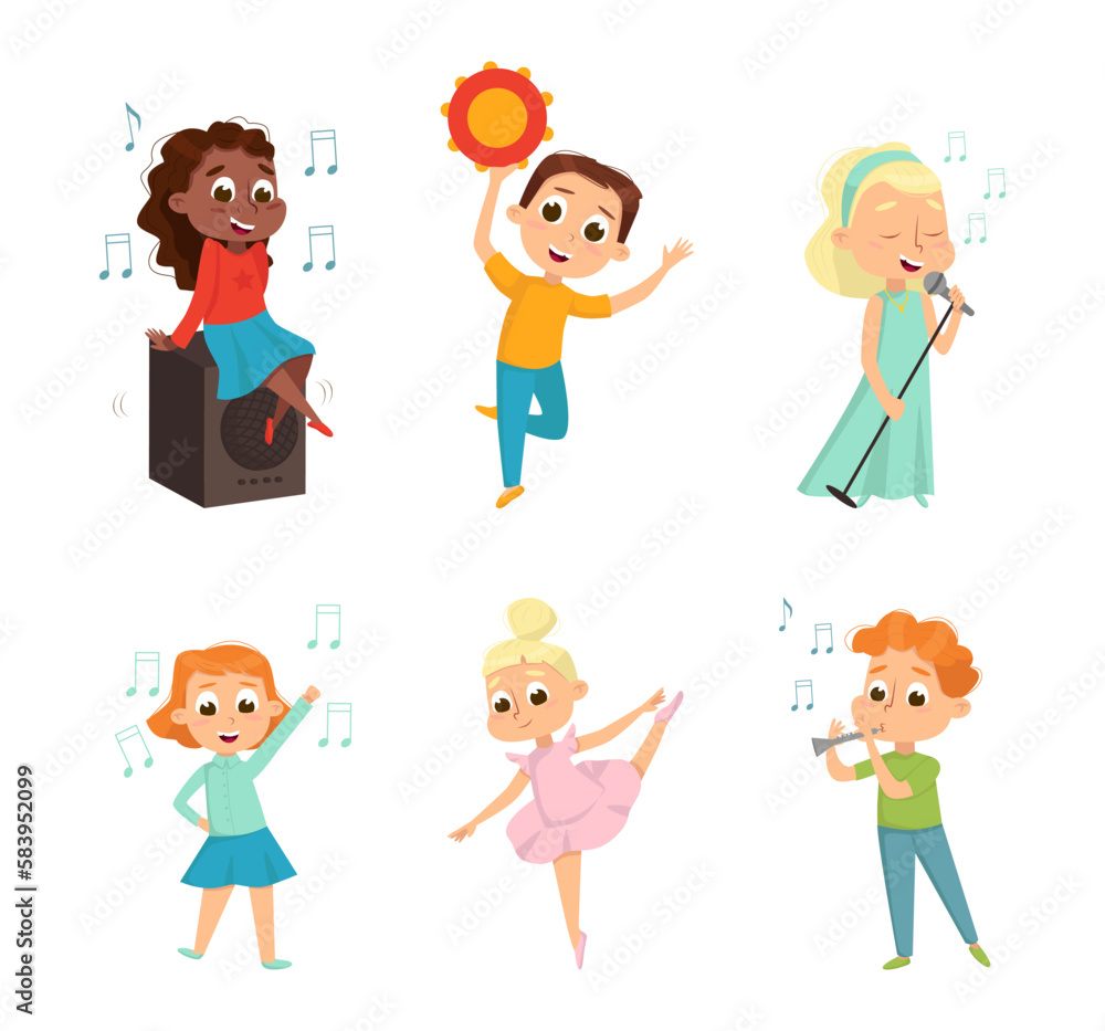 Funny Boy and Girl Playing Musical Instrument, Dancing and Singing Vector Set Funny Boy and Girl Playing Musical Instrument, Dancing and Singing Vector Set