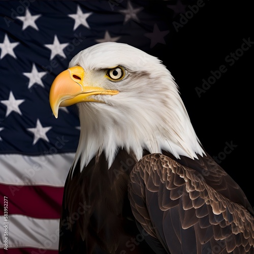 North American Bald Eagle on American flag created with Generative AI technology.