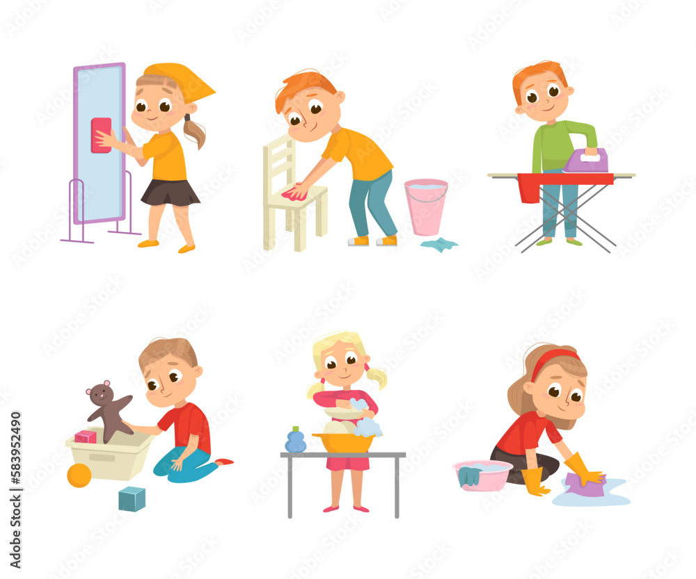 Little Big-eyed Boy and Girl Engaged in Domestic Chores Vector Set
