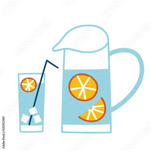 Lemonade icon, vector doodle illustration of glass jug with lemon cocktail, water with lemon slices, glass of lemonade, picnic ideas, summer refreshing drink for hot day, isolated colored clipart