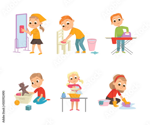 Little Big-eyed Boy and Girl Engaged in Domestic Chores Vector Set