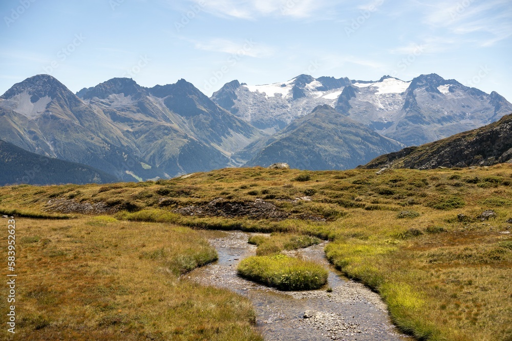 Beautiful view of the Surselva valley on a sunny day in Switzerland Beautiful view of the Surselva valley on a sunny day in Switzerland