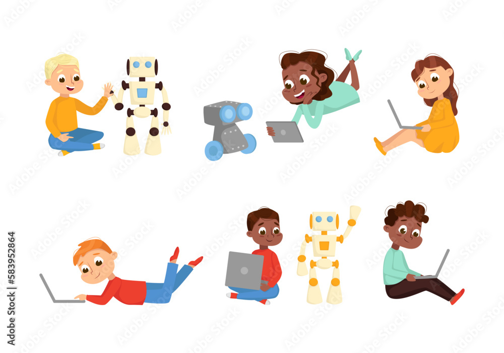 Fototapeta premium Cute Little Kid Programming and Creating Smart Robot with Laptop Vector Set
