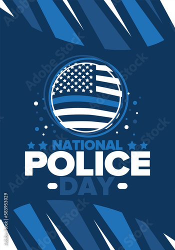 National Police Week in May. Celebrated annual in United States. In honor of the police hero. Police badge and patriotic elements. Officers Memorial Day. Poster, card, banner. Vector illustration