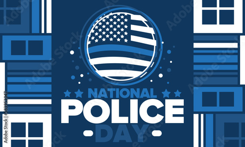 National Police Week in May. Celebrated annual in United States. In honor of the police hero. Police badge and patriotic elements. Officers Memorial Day. Poster, card, banner. Vector illustration