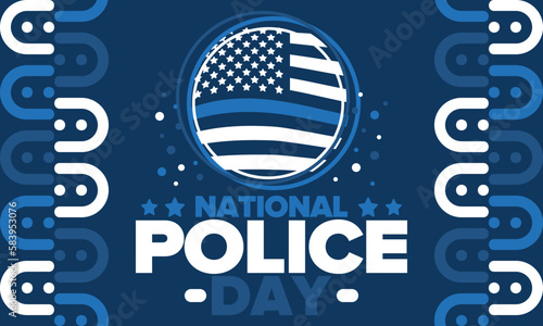 National Police Week in May. Celebrated annual in United States. In honor of the police hero. Police badge and patriotic elements. Officers Memorial Day. Poster, card, banner. Vector illustration