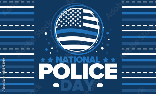 National Police Week in May. Celebrated annual in United States. In honor of the police hero. Police badge and patriotic elements. Officers Memorial Day. Poster, card, banner. Vector illustration