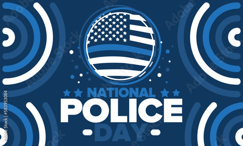 National Police Week in May. Celebrated annual in United States. In honor of the police hero. Police badge and patriotic elements. Officers Memorial Day. Poster, card, banner. Vector illustration