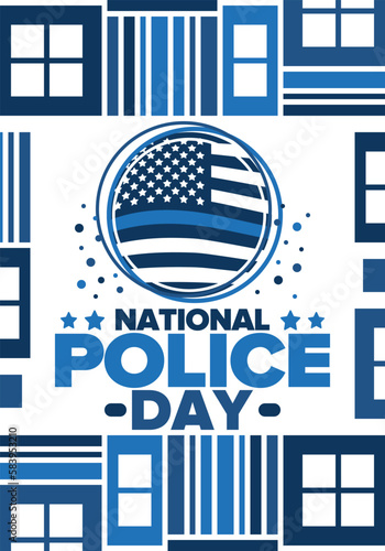 National Police Week in May. Celebrated annual in United States. In honor of the police hero. Police badge and patriotic elements. Officers Memorial Day. Poster, card, banner. Vector illustration