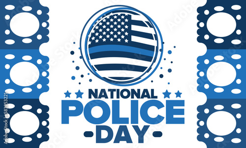 National Police Week in May. Celebrated annual in United States. In honor of the police hero. Police badge and patriotic elements. Officers Memorial Day. Poster, card, banner. Vector illustration