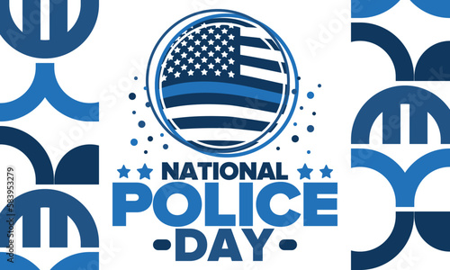 National Police Week in May. Celebrated annual in United States. In honor of the police hero. Police badge and patriotic elements. Officers Memorial Day. Poster, card, banner. Vector illustration