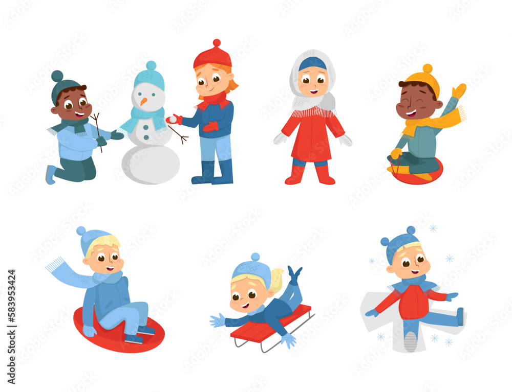 Cheerful Boy and Girl Walking and Enjoying Winter Holiday Vector Set Cheerful Boy and Girl Walking and Enjoying Winter Holiday Vector Set