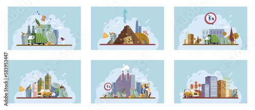 City landfill with garbage. Polluted area, garbage dump background. Earth day. Heaps of waste, stray dogs waste pollution cityscape cartoon backdrop. Junkyard, wasteland. Environment pollution problem