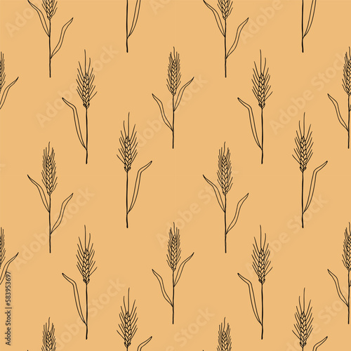 Cute seamless repeating pattern with ears of wheat on a beige background.A bunch of ears of wheat,dried whole grains.Cereal harvest,agriculture,organic farming,healthy food symbol.Drawn by hand.