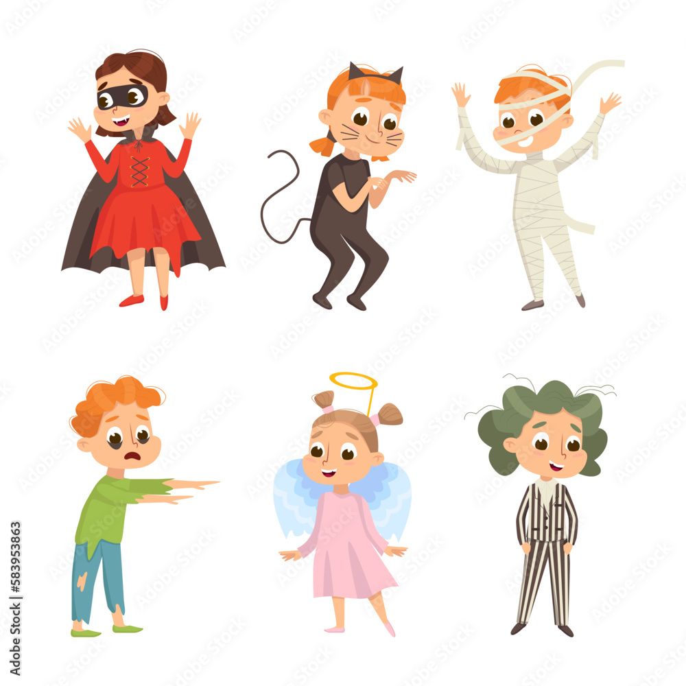 Funny Boy and Girl Dressed in Halloween Costume Vector Illustration Set Funny Boy and Girl Dressed in Halloween Costume Vector Illustration Set