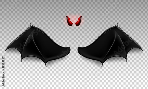 Devil horns and black wings isolated on transparent background. Dark angel outfit. Masquerade  carnival costume. Daemon s red glossy horns and realistic monster . bat or dragon wings