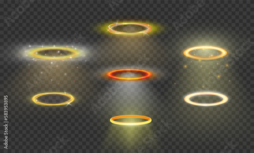 Collection of 7 various three dimensional shiny golden nimbus isolated on transparent background. Glossy realistic halo, angel ring, Saint aureole symbol. Vector illustration EPS 10
