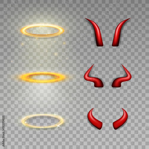 Collection of 6 three dimensional shiny golden nimbus and red devil horns. Vector realistic glossy daemon horns and halo, angel ring isolated in transparent background. Carnival, masquerade elements