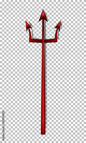 3d realistic bright red demon trident. Three dimensional bloody devil pitchfork with shadow isolated on transparent background. Satan decoration, Monster carnival element. 