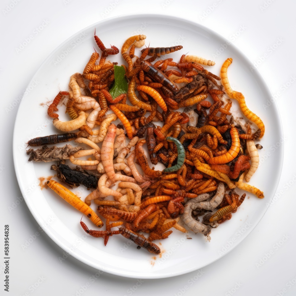 Mealworm for human consumption in a plate. Source of protein, edible insects. White background. Generative AI Technology Mealworm for human consumption in a plate. Source of protein, edible insects. White background. Generative AI Technology