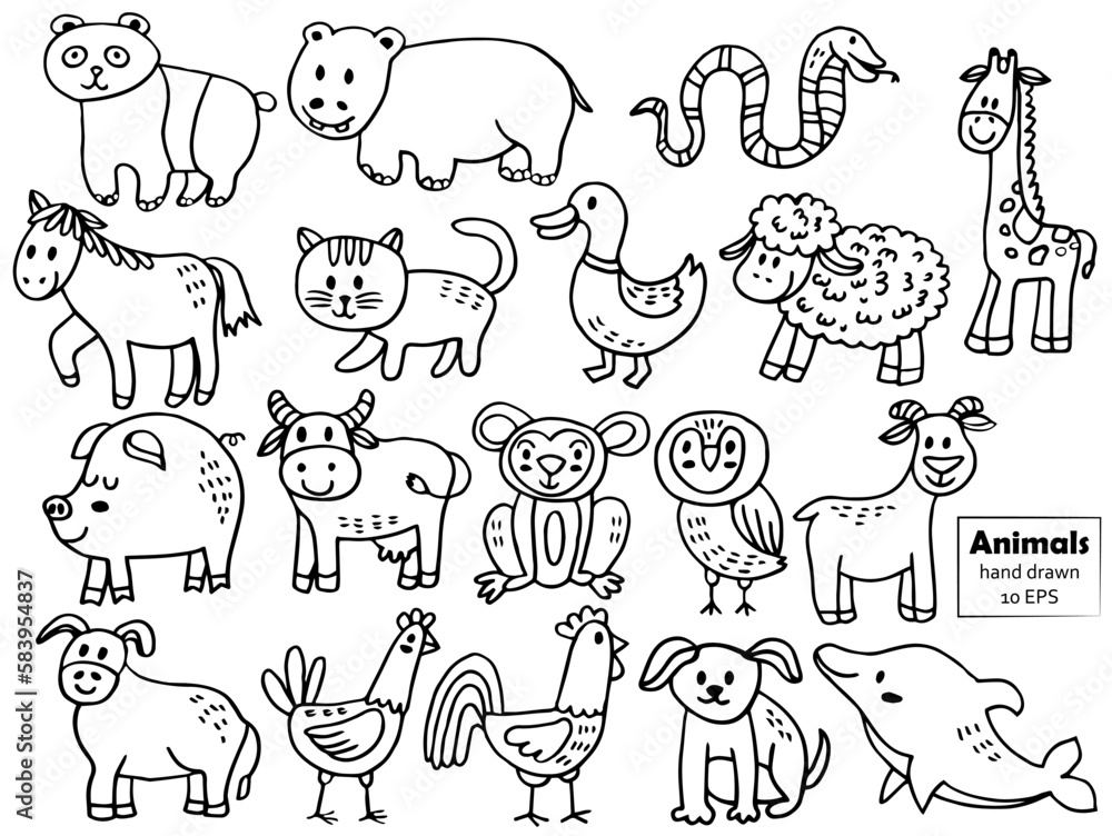 Wild animals cartoon jungle, farm and sea creatures set. Black and