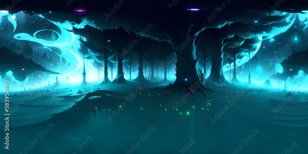 Photo of a digital painting of a forest with glowing trees